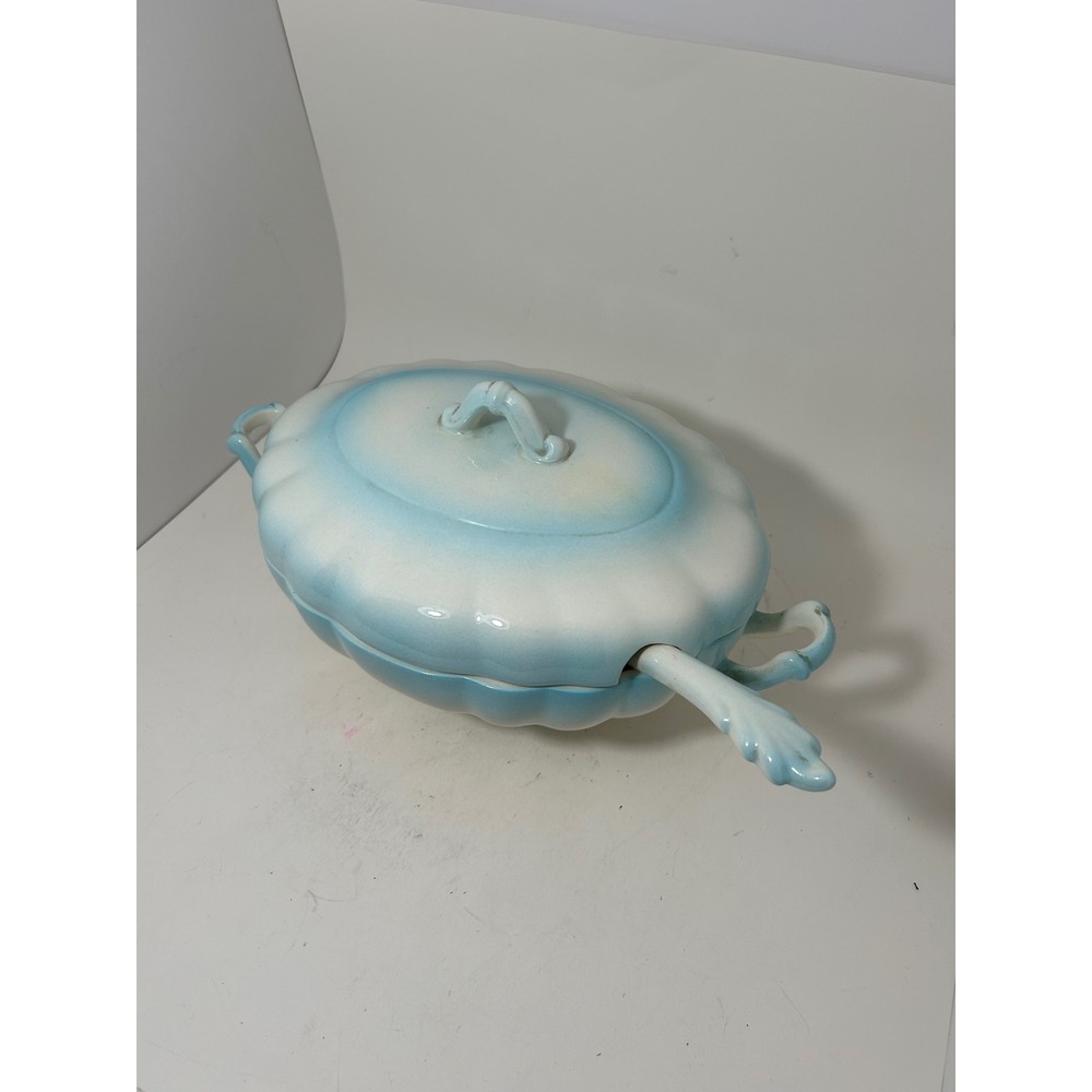 Vintage Scalloped Ceramic Soup Tureen with Lid and Ladle Blue White Ombre 11.5in - Picture 2 of 13